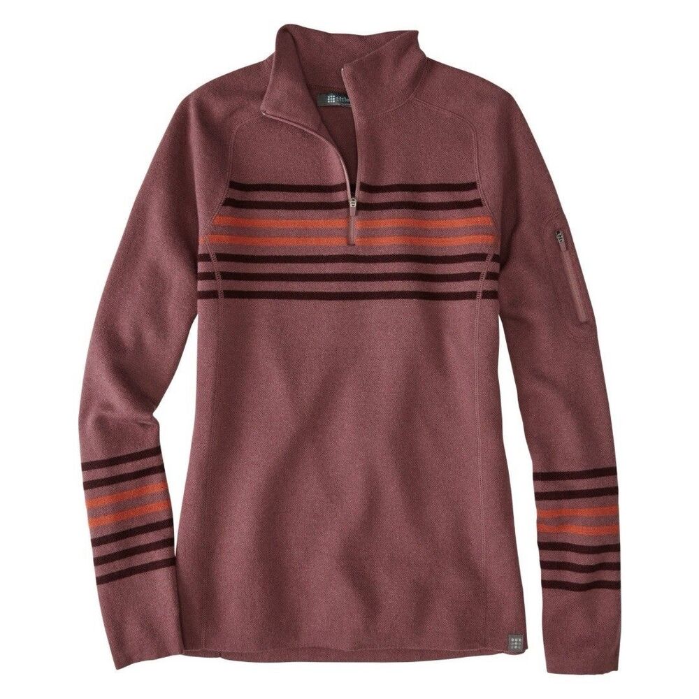 Title Nine Super Power Merino Wool 1/4 Zip Pullover Maroon Striped Sweater Large